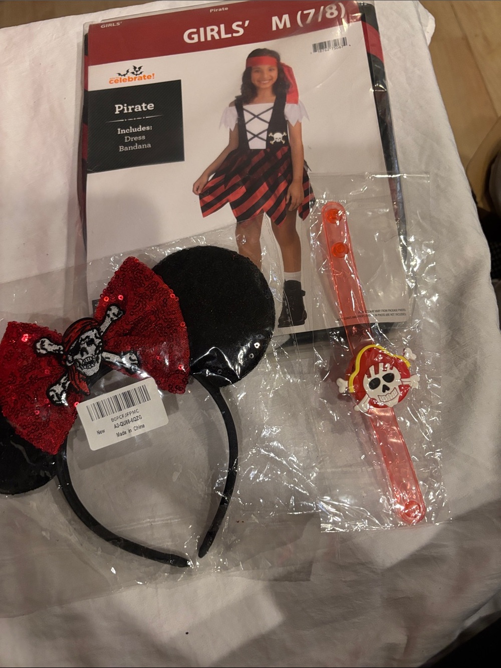 Girls' Red & Black Pirate Costume .Added headband and light up bracelet